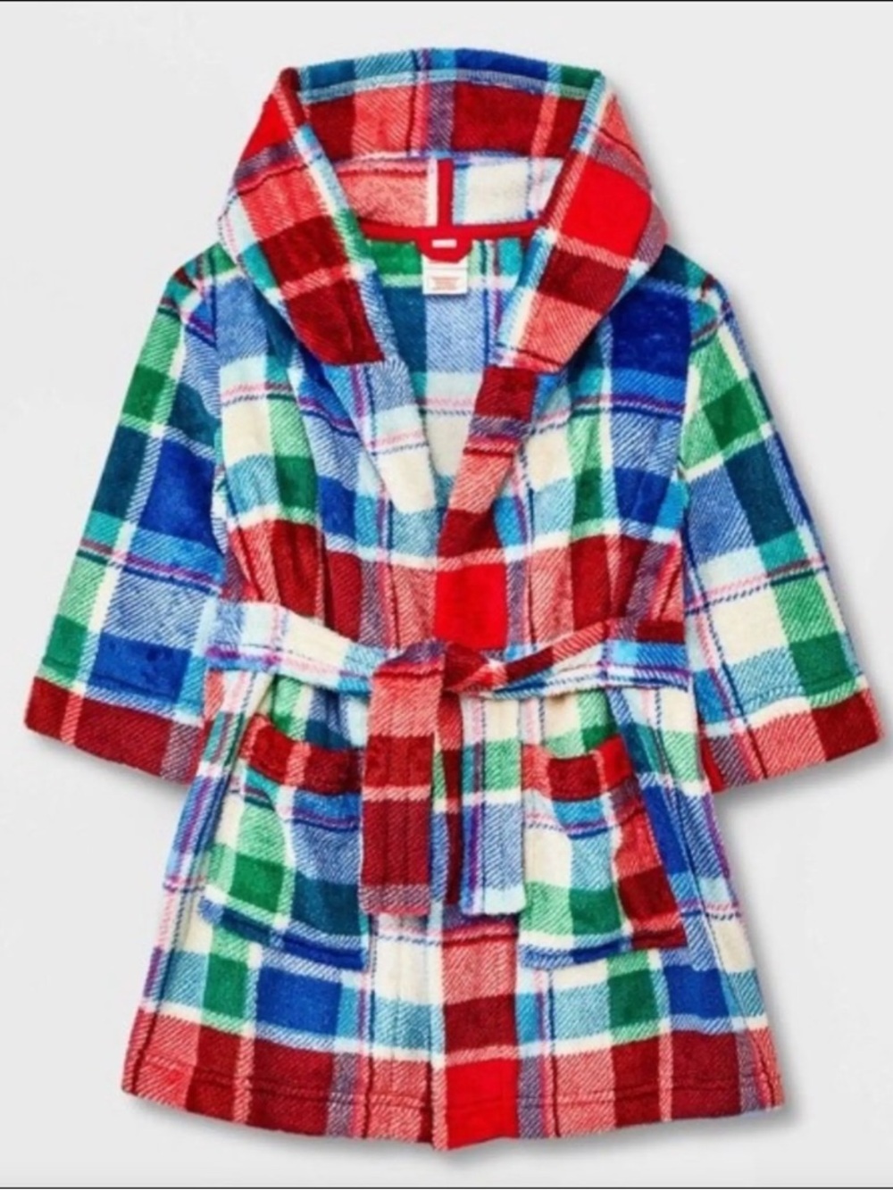 Cat & Jack Plaid Fleece Hooded Robe Tie Waist Pockets Red Green Blue 2t/3t